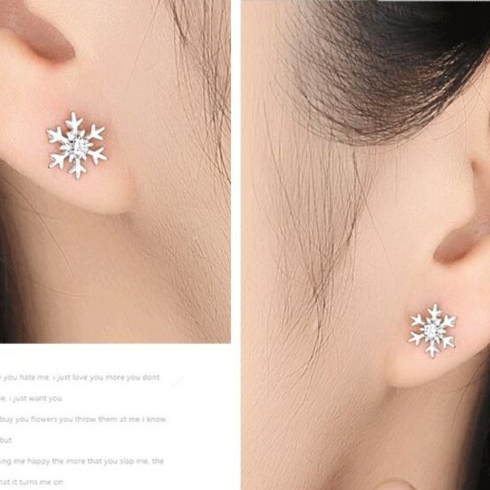 925 Sterling Silver Diamond Snowflake Earrings J - Picture 2 of 8